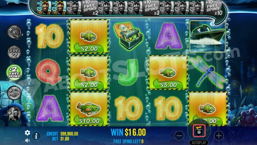 Bonus game with free spins, showing two collected fisherman symbols above the reels.