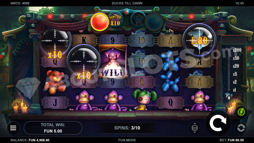Bonus game with free spins and wild symbol on the third reel.