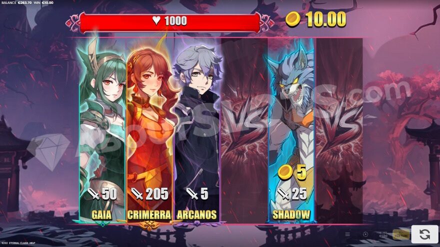 Bonus game with free spins, featuring three allied characters and one enemy on the reels.