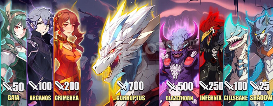 Eight different characters displayed on the screen.