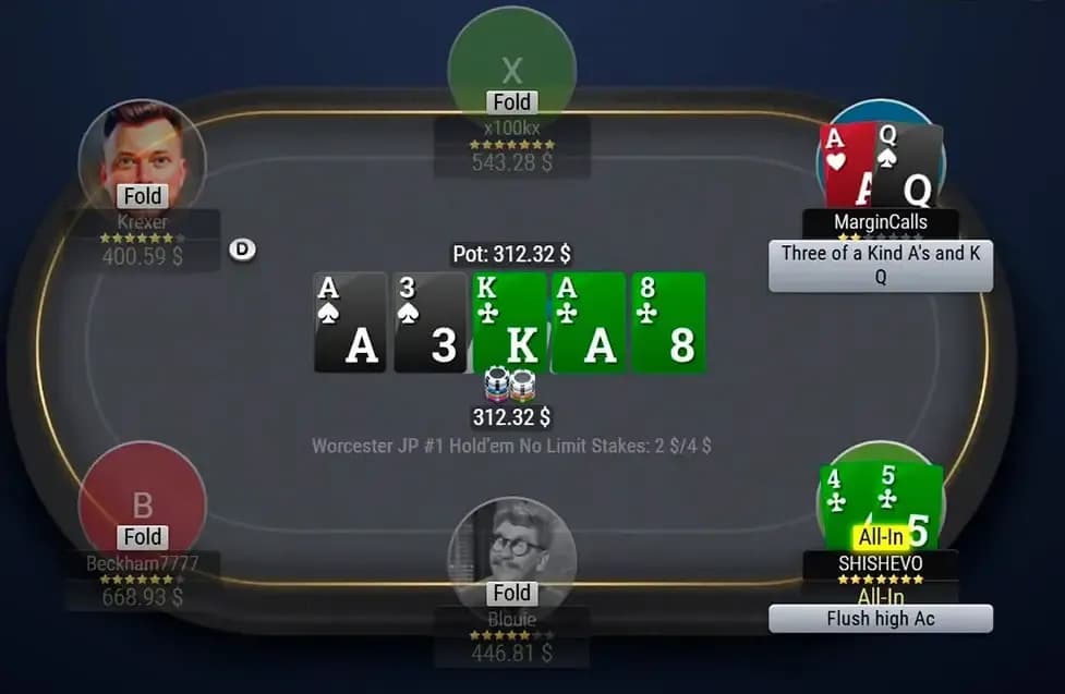 Card layout on the table in 1Win Poker