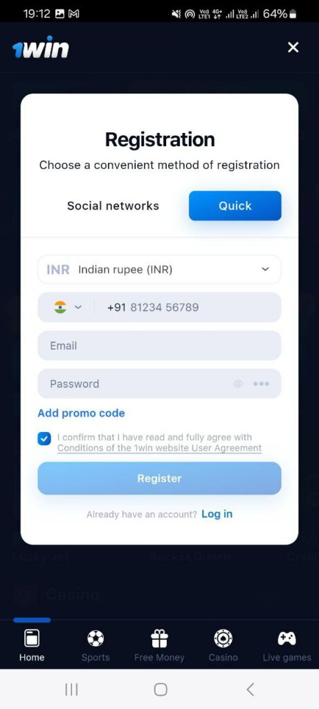 Registration via the 1Win mobile app