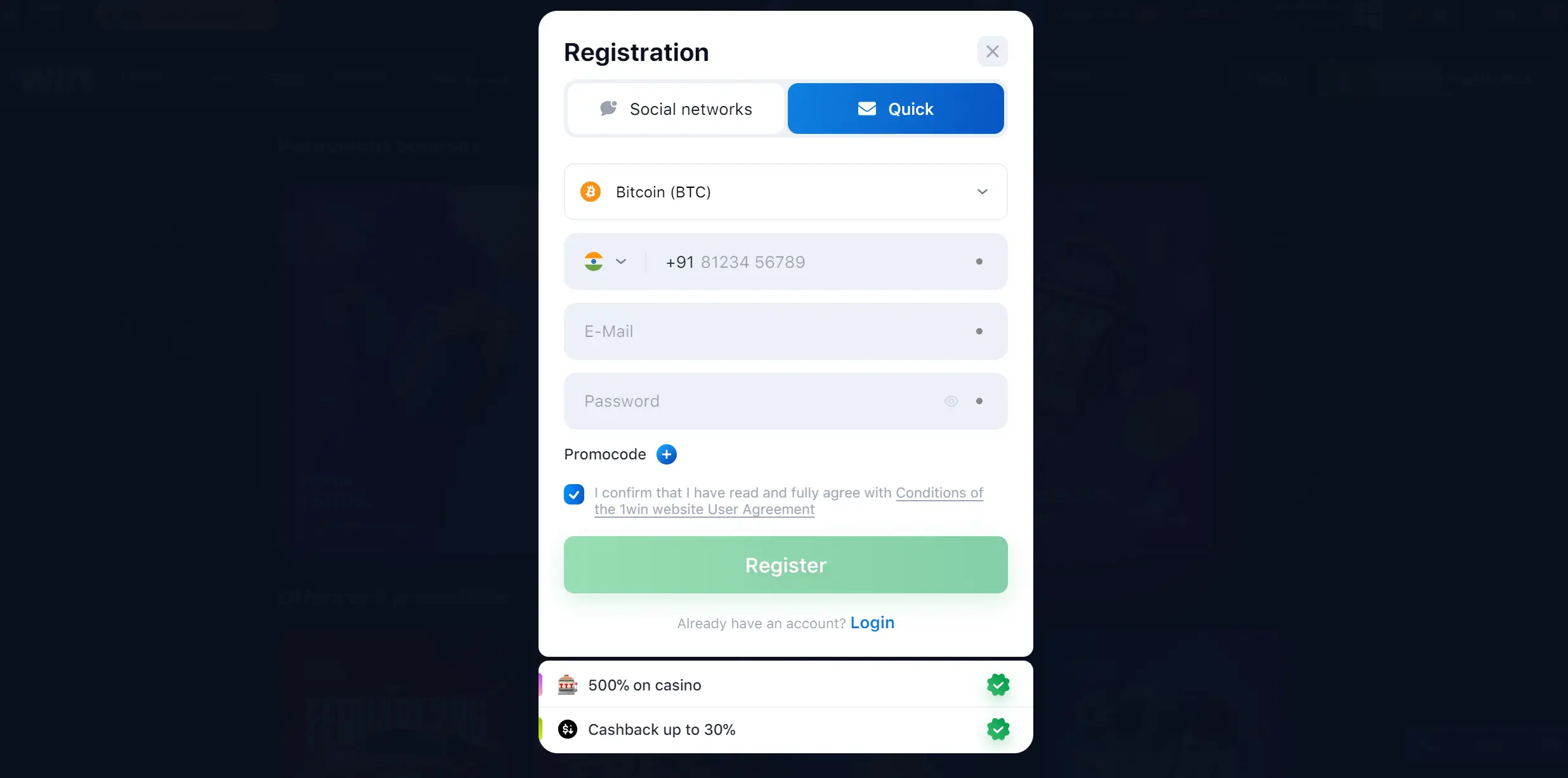 Registration at 1win