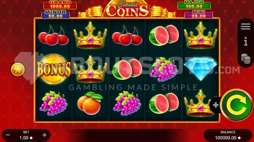 Classic Coins slot base game on 1win
