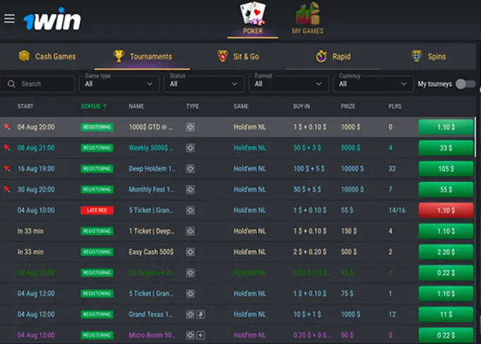 1Win Poker Lobby