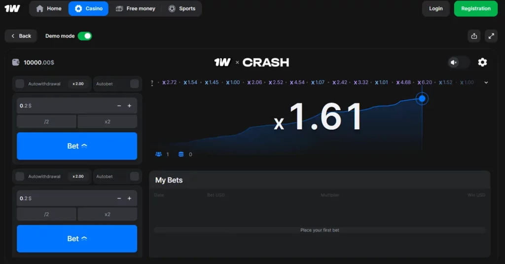 Demo mode at Crash 1Win